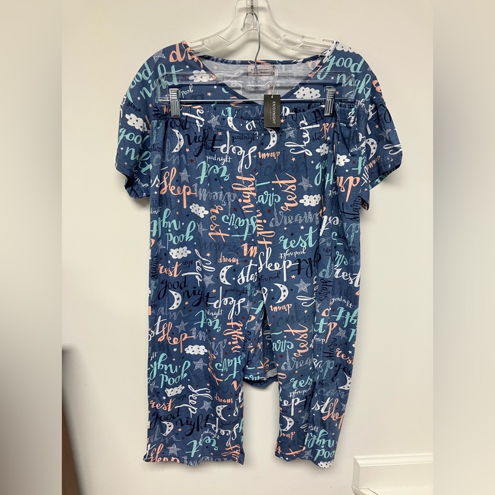 Women's Blue Graphic Pajama Set, M